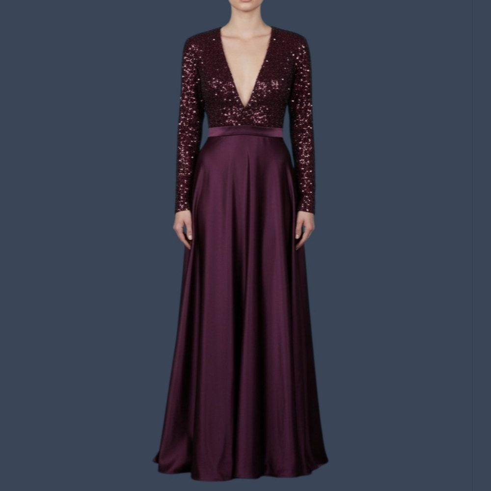 TS Couture Purple Satin Velvet Sequin Deep V Long Sleeve Formal Gown